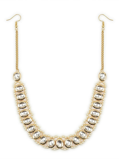 Gold-Polished White Kundan-Studded Pearl Beaded Hair Band - Ruby Raang