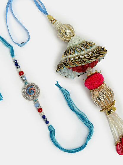 NVR Women & Men Set of 2 Blue Kundan-Studded & Beaded Bhaiya Bhabhi Rakhi With Roli Chawal