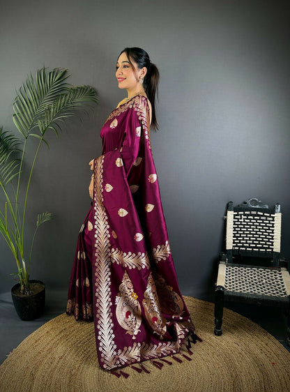Joban Fashion Banarasi PlumWoven Soft Silk Saree