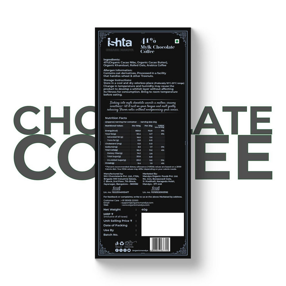 Organic Mandya 41% Mylk Chocolate with coffee