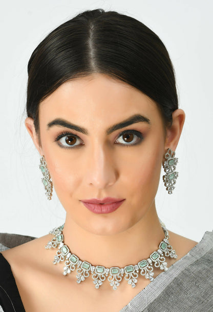 Mominos Fashion Johar Kamal Silver-Plated American Diamond Pista Green Choker Set