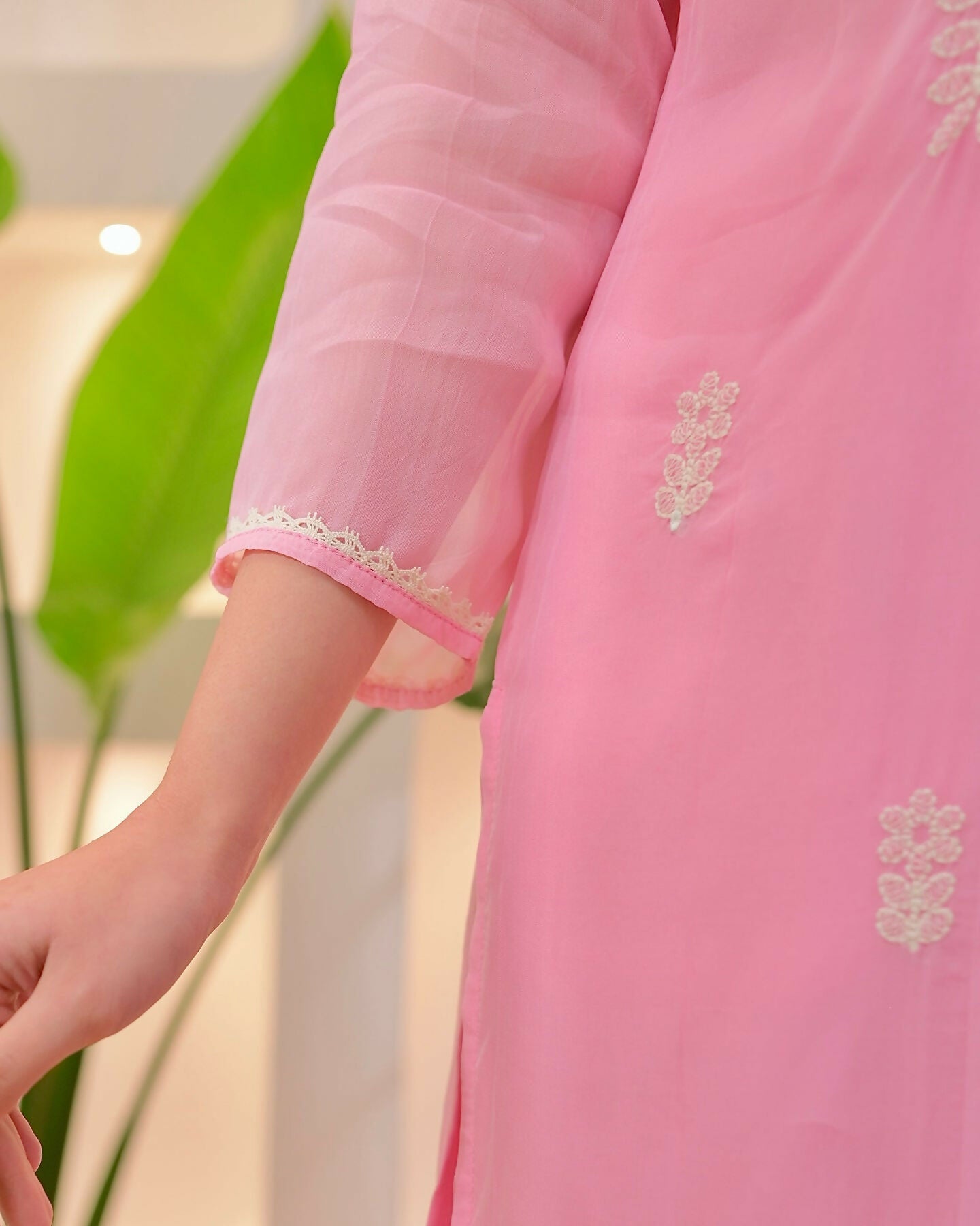 The52 Pink Women's Beautiful Chikankari Work Chanderi Fabric Straight Kurta Pant and Dupatta Set