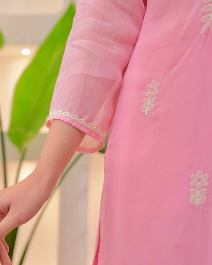 The52 Pink Women's Beautiful Chikankari Work Chanderi Fabric Straight Kurta Pant and Dupatta Set