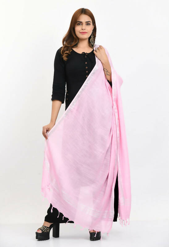 Mominos Fashion Moeza Women's Linen Cotton Silver Border Baby Pink Dupatta