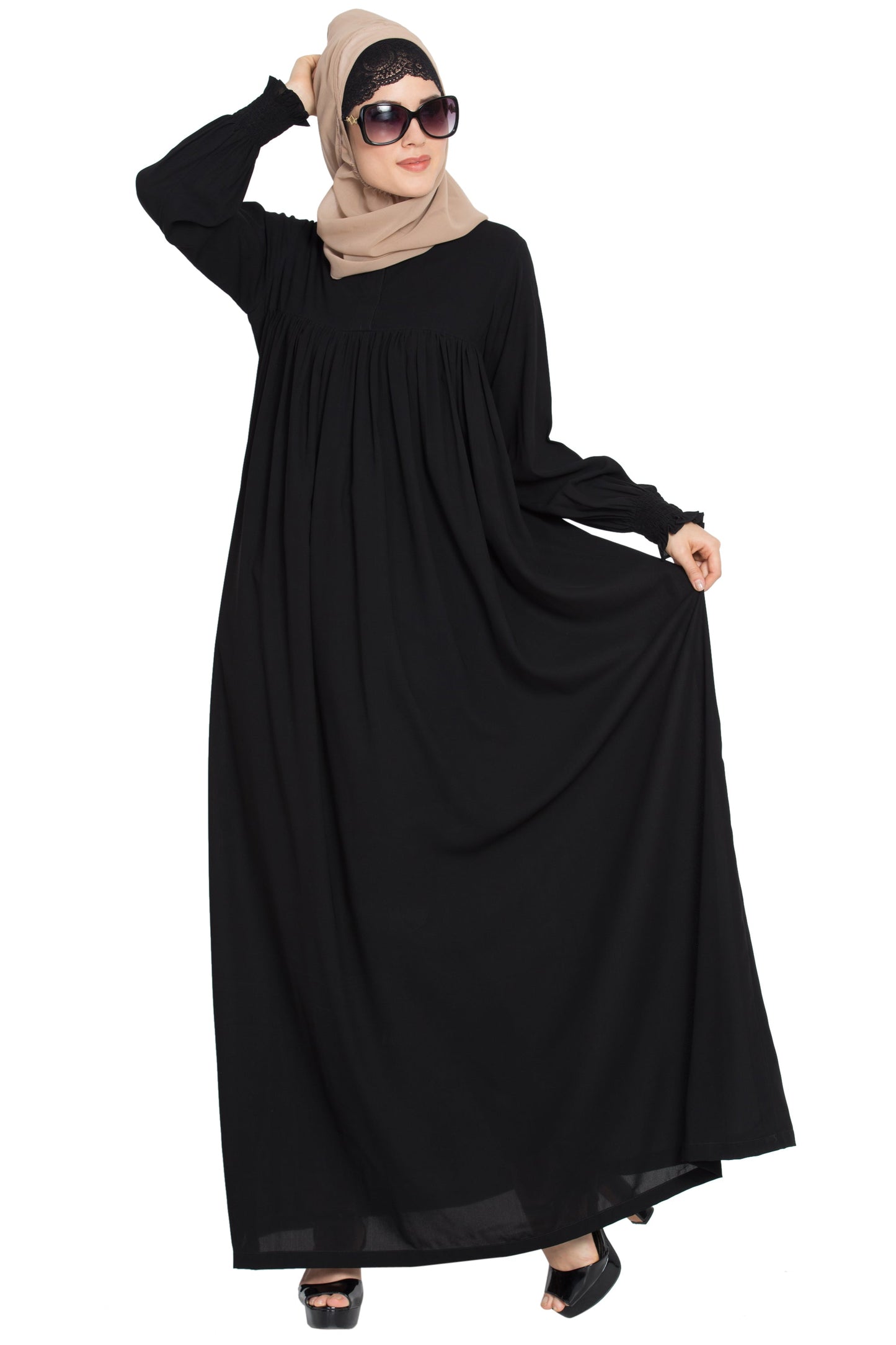Bashariya Loose From Chest| Arabian Abaya With Gather and Smocky Sleeves - Black