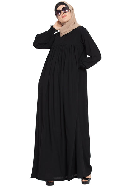 Bashariya Loose From Chest| Arabian Abaya With Gather and Smocky Sleeves - Black