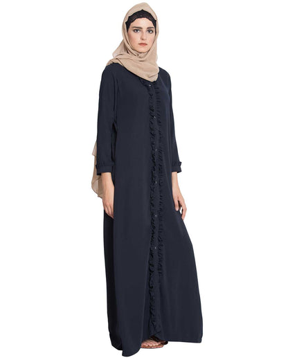 Bashariya Front Open Abaya With Ruffled Panels and Side Pockets - NavyBlue