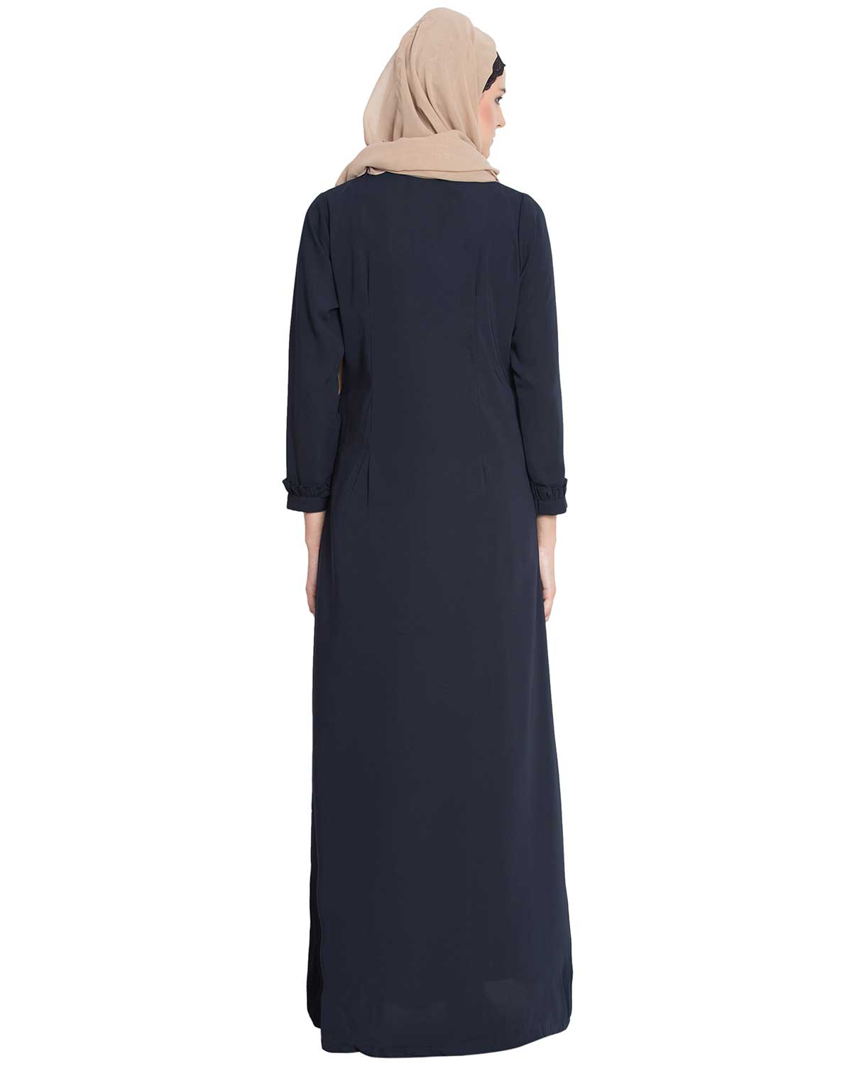 Bashariya Front Open Abaya With Ruffled Panels and Side Pockets - NavyBlue