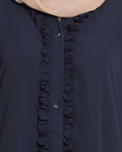 Bashariya Front Open Abaya With Ruffled Panels and Side Pockets - NavyBlue