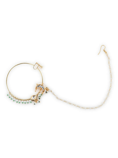 Gold-Polished White Green Kundan-Studded Pearl Beaded Nosepin - Ruby Raang