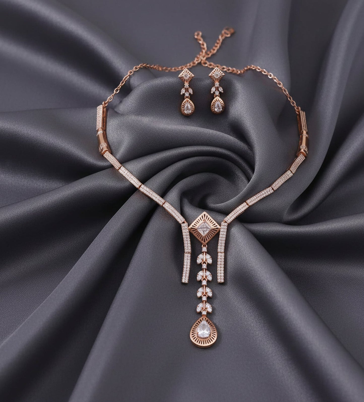 Jewel City Exquisite Rose Gold Plated American Diamond Necklace Set