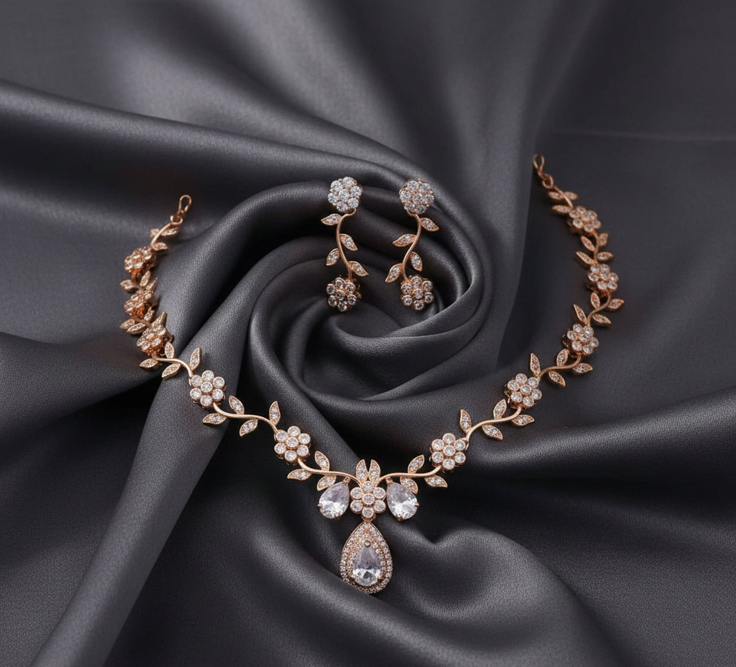 Jewel City Exquisite Rose Gold Plated White American Diamond Necklace Set