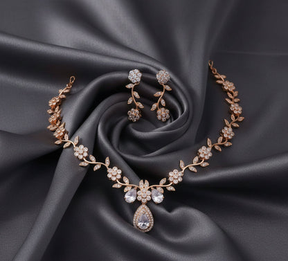 Jewel City Exquisite Rose Gold Plated White American Diamond Necklace Set