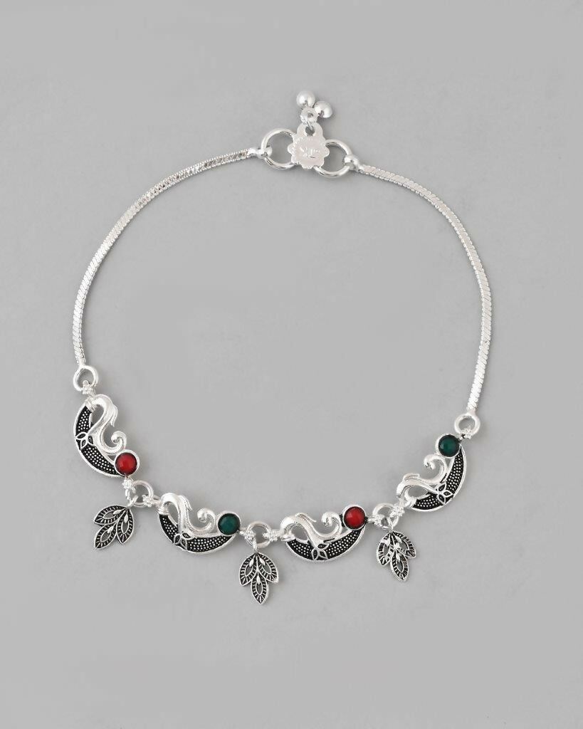 VOJ Set of 2 Silver Plated Meenakari Multi Color Anklet