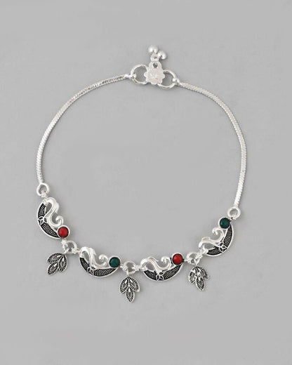 VOJ Set of 2 Silver Plated Meenakari Multi Color Anklet