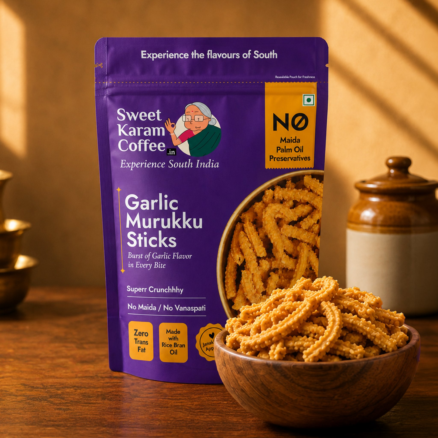Sweet Karam Coffee Garlic Murukku Sticks