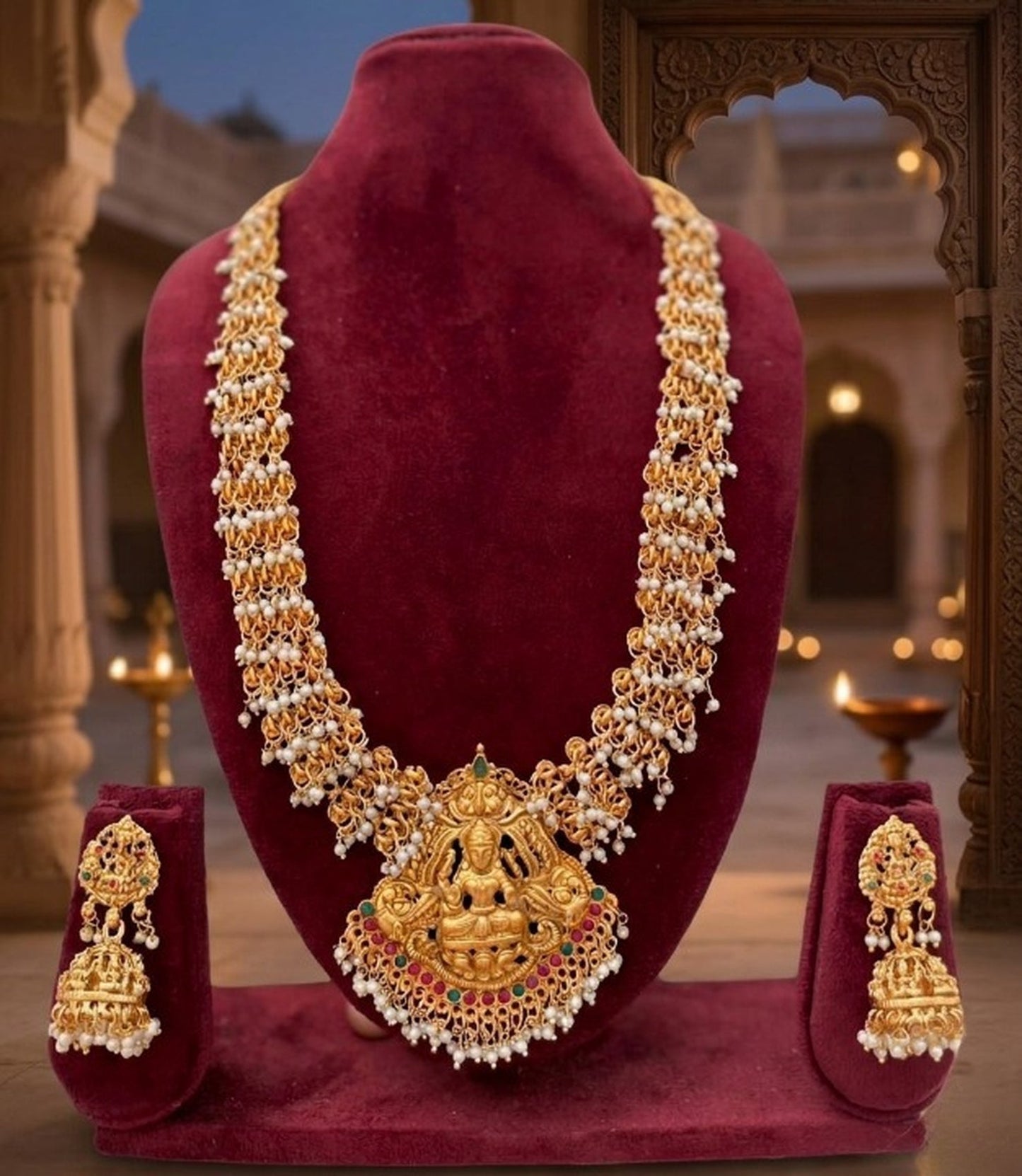 Jewel City Gold Plated South Indian Temple Jewelry Set Long Lakshmi Necklace with Pearl Jhumka Earrings Bridal Wedding