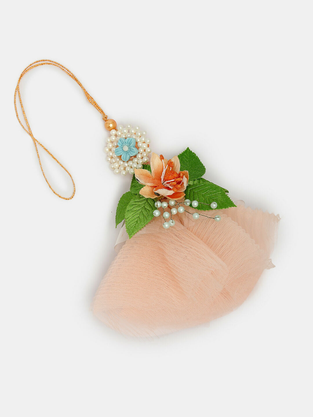 NVR Women & Men Set of 2 Peach Floral Design Pearl Beaded Bhaiya Bhabi Rakhi With Roli Chawal & Chocolate