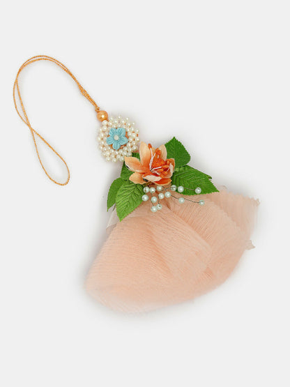 NVR Women & Men Set of 2 Peach Floral Design Pearl Beaded Bhaiya Bhabi Rakhi With Roli Chawal & Chocolate