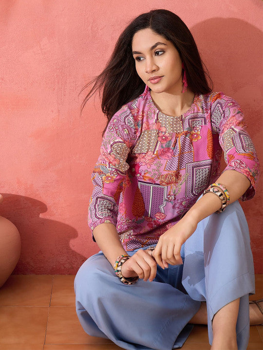 Sangria Women Printed Round Neck Top
