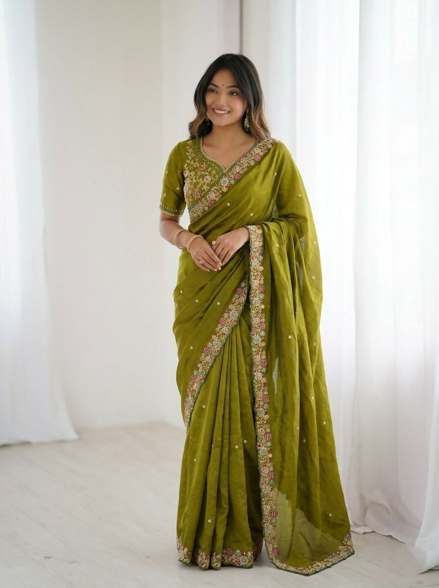 Teeya Creation New Trendy Party Wear Soft Satin Chiffon Saree-Dark_Green