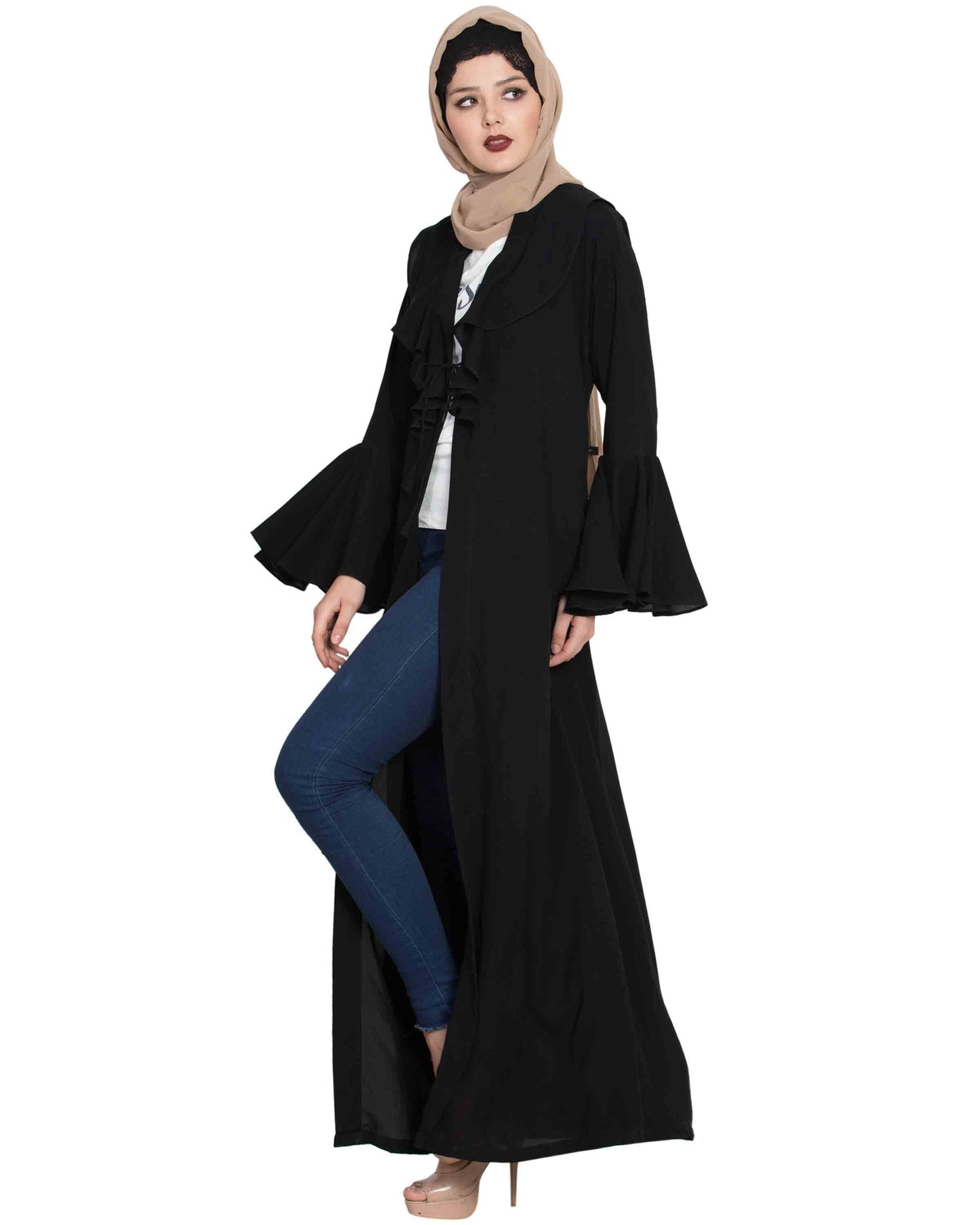 Bashariya Long Cardigan With Bell Sleeves Without Inner Abaya - Black