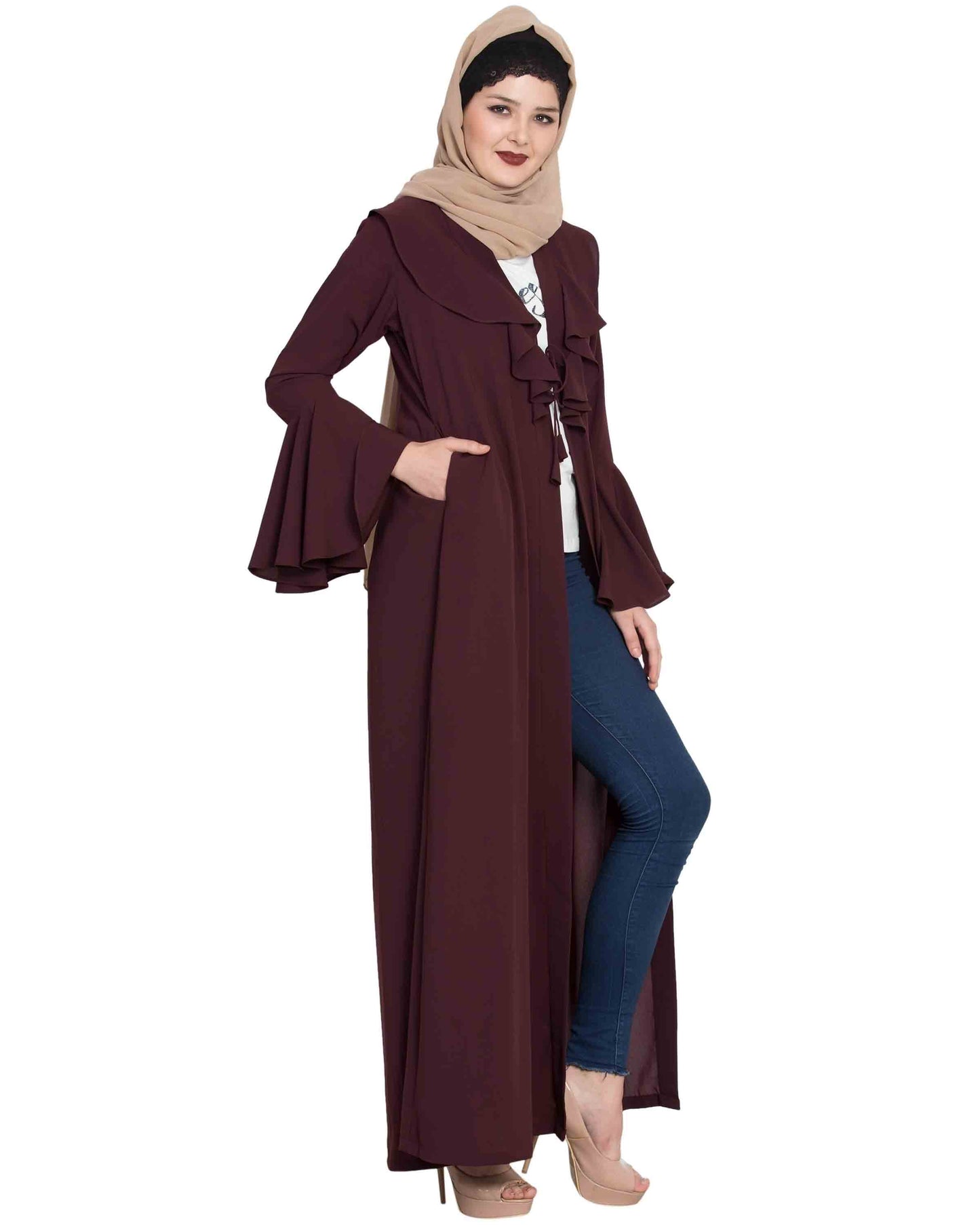 Bashariya Long Cardigan With Bell Sleeves Without Inner Abaya - Wine