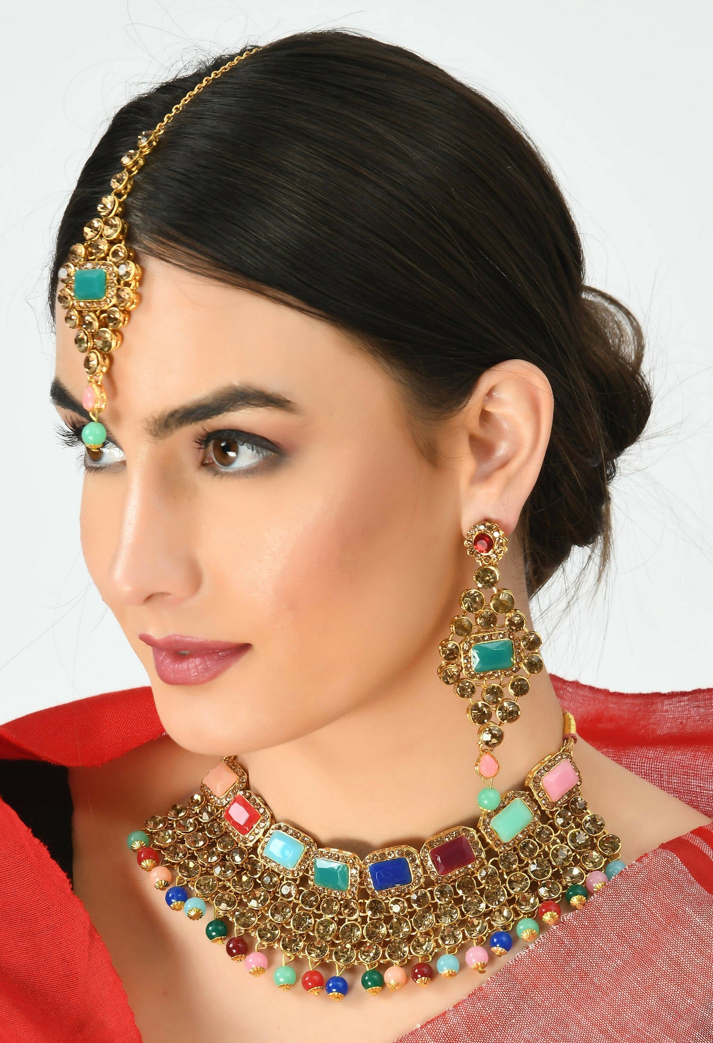 Mominos Fashion Johar Kamal Gold-Polished Rajwadi Design Heavy Multi Color Necklace Set For Women