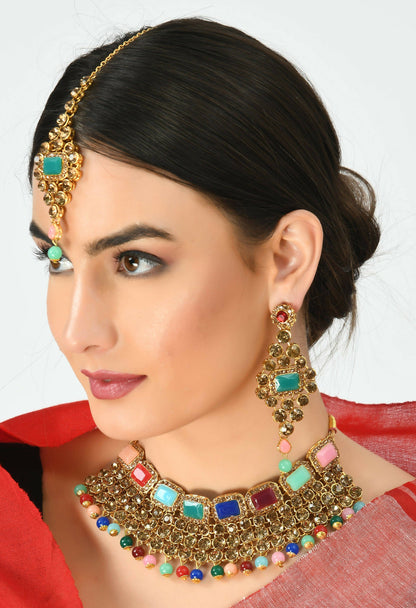 Mominos Fashion Johar Kamal Gold-Polished Rajwadi Design Heavy Multi Color Necklace Set For Women