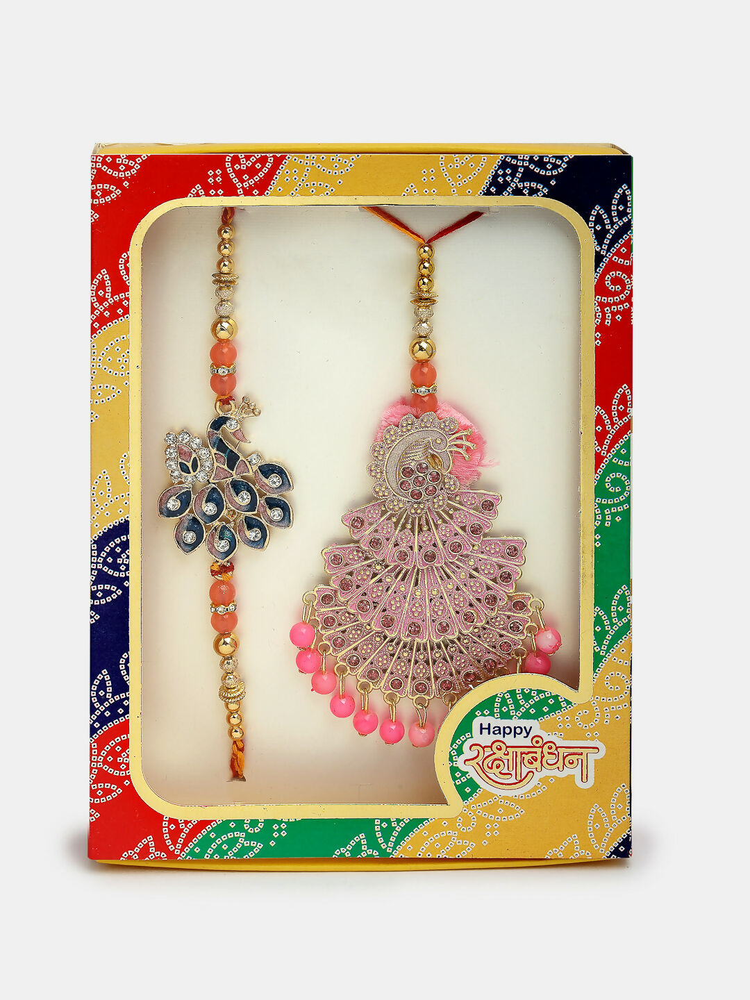 NVR Women & Men Set of 2 Multicolor Peacock Design Stone-Studded & Beaded Bhaiya Bhabhi Rakhi With Roli Chawal & Chocolate