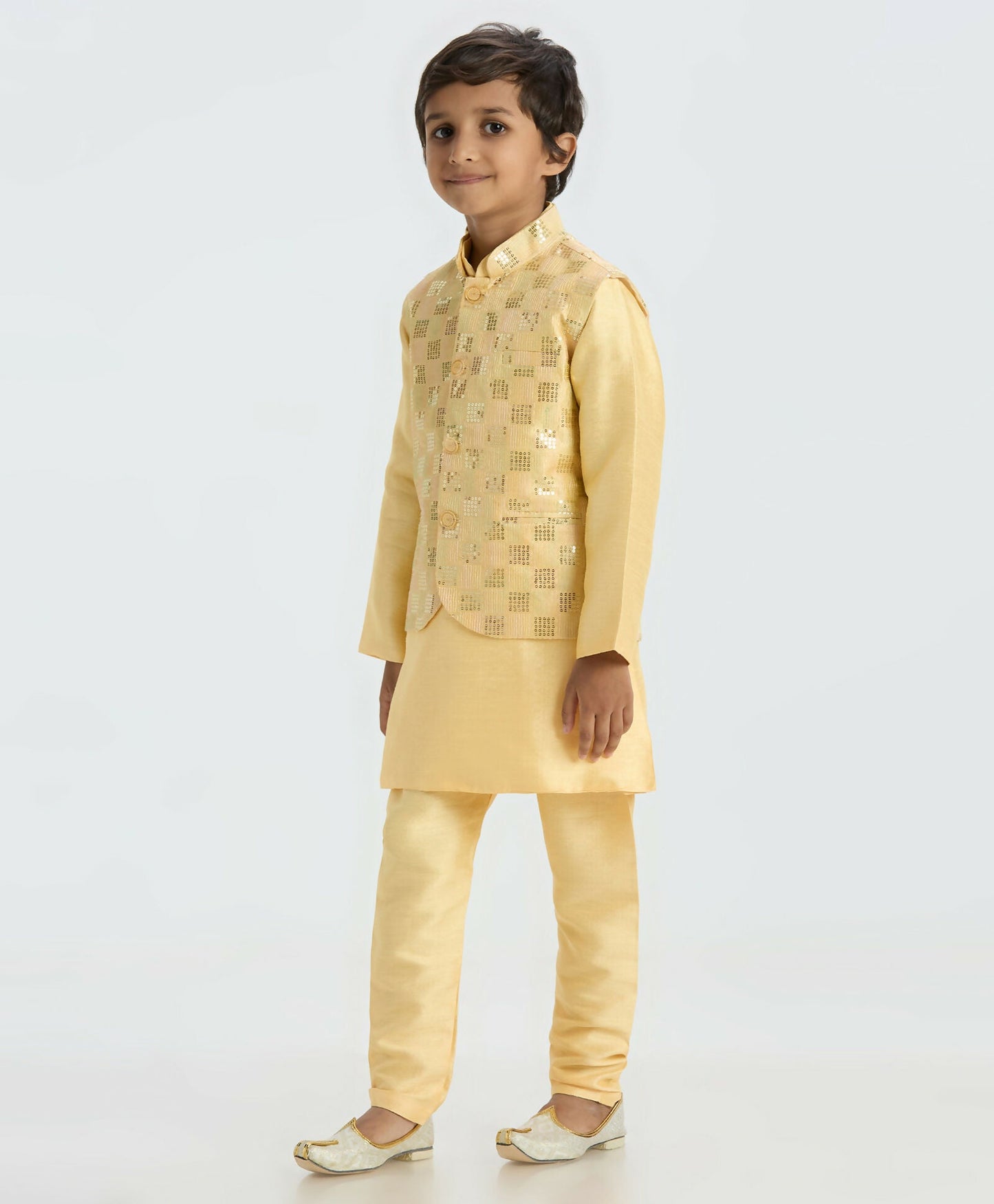 Joban Fashion Kids Island Elegant Box Sequence work Nehru Jacket Full Sleeves Kurta, Pyjama Set - Golden