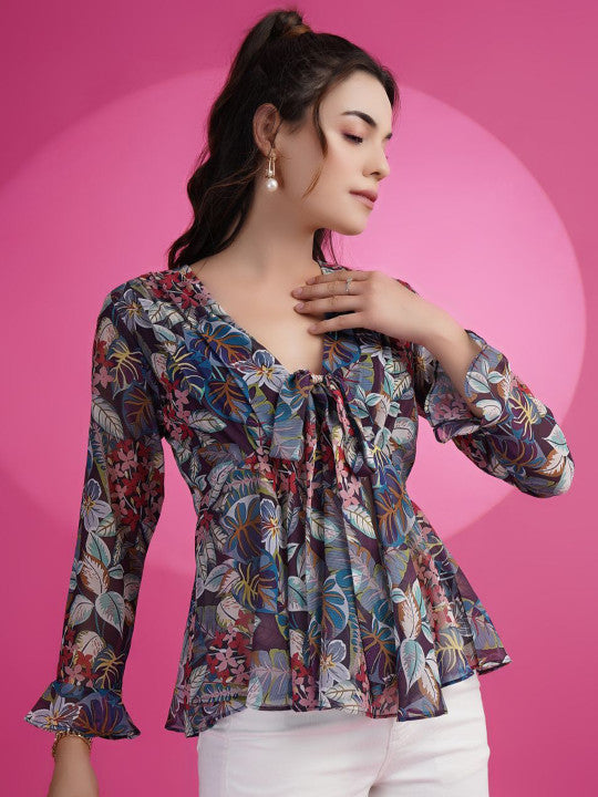 Sangria Blue Floral Printed V-Neck Bell Sleeve Georgette A-Line Top