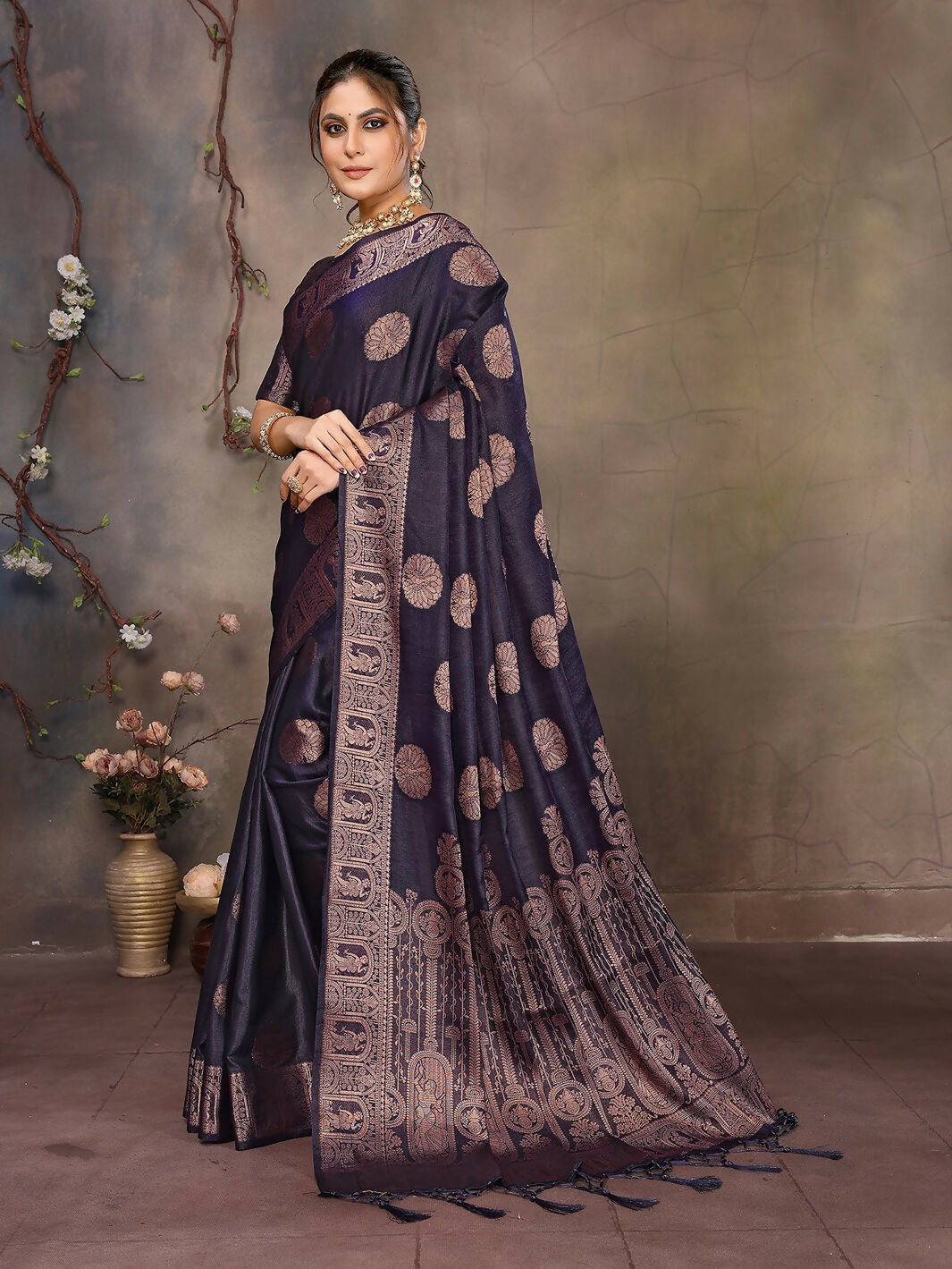 Joban Fashion Navy Blue Woven Jacquard Banarasi Silk Sarees