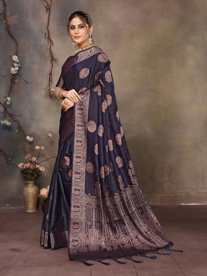 Joban Fashion Navy Blue Woven Jacquard Banarasi Silk Sarees