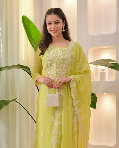 The52 Lemons Women's Beautiful Chikankari Work Chanderi Fabric Straight Kurta Pant and Dupatta Set