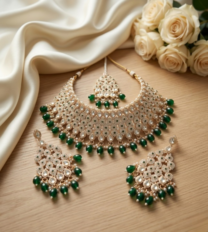 Jewel City Kundan Bridal Choker Jewelry Set with Beads | Indian Wedding Necklace, Drop Earrings & Maang Tikka