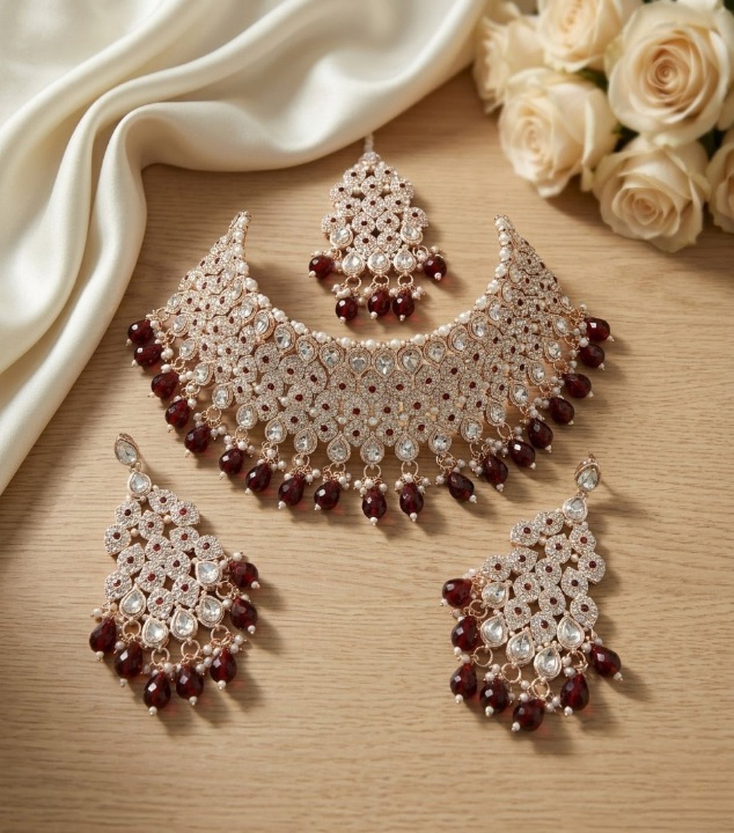 Jewel City Kundan Bridal Choker Jewelry Set with Beads | Indian Wedding Necklace, Drop Earrings & Maang Tikka