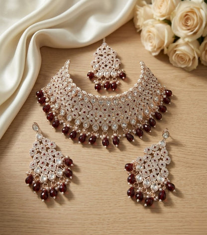 Jewel City Kundan Bridal Choker Jewelry Set with Beads | Indian Wedding Necklace, Drop Earrings & Maang Tikka