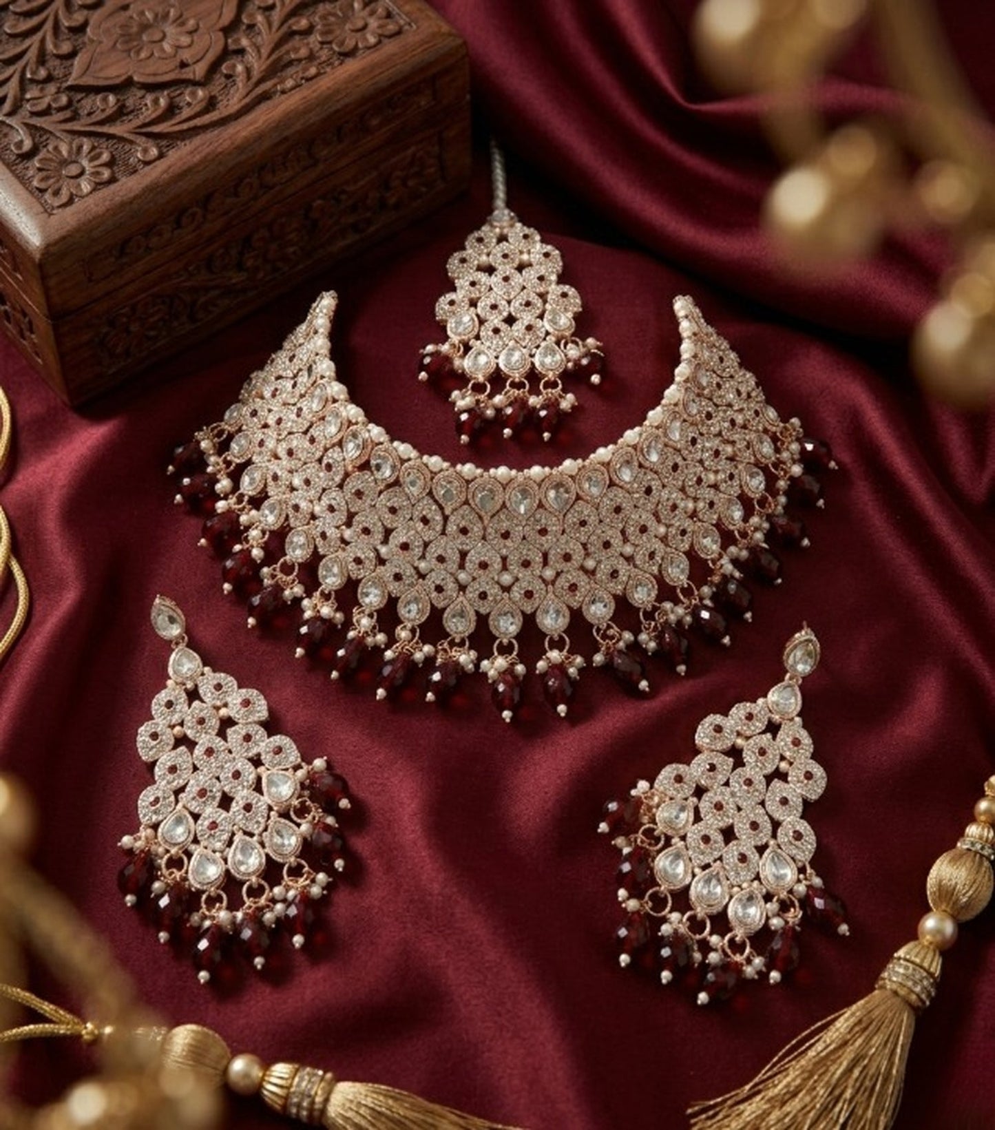 Jewel City Kundan Bridal Choker Jewelry Set with Beads | Indian Wedding Necklace, Drop Earrings & Maang Tikka