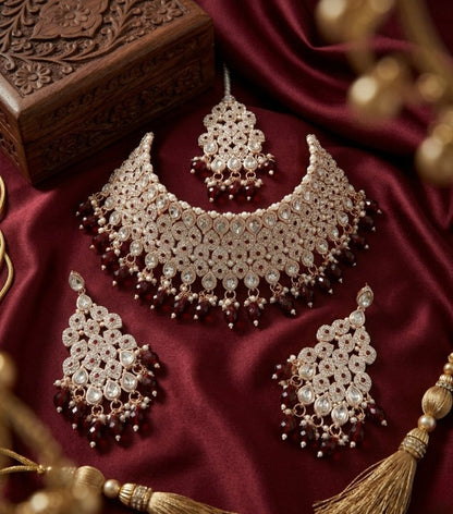 Jewel City Kundan Bridal Choker Jewelry Set with Beads | Indian Wedding Necklace, Drop Earrings & Maang Tikka