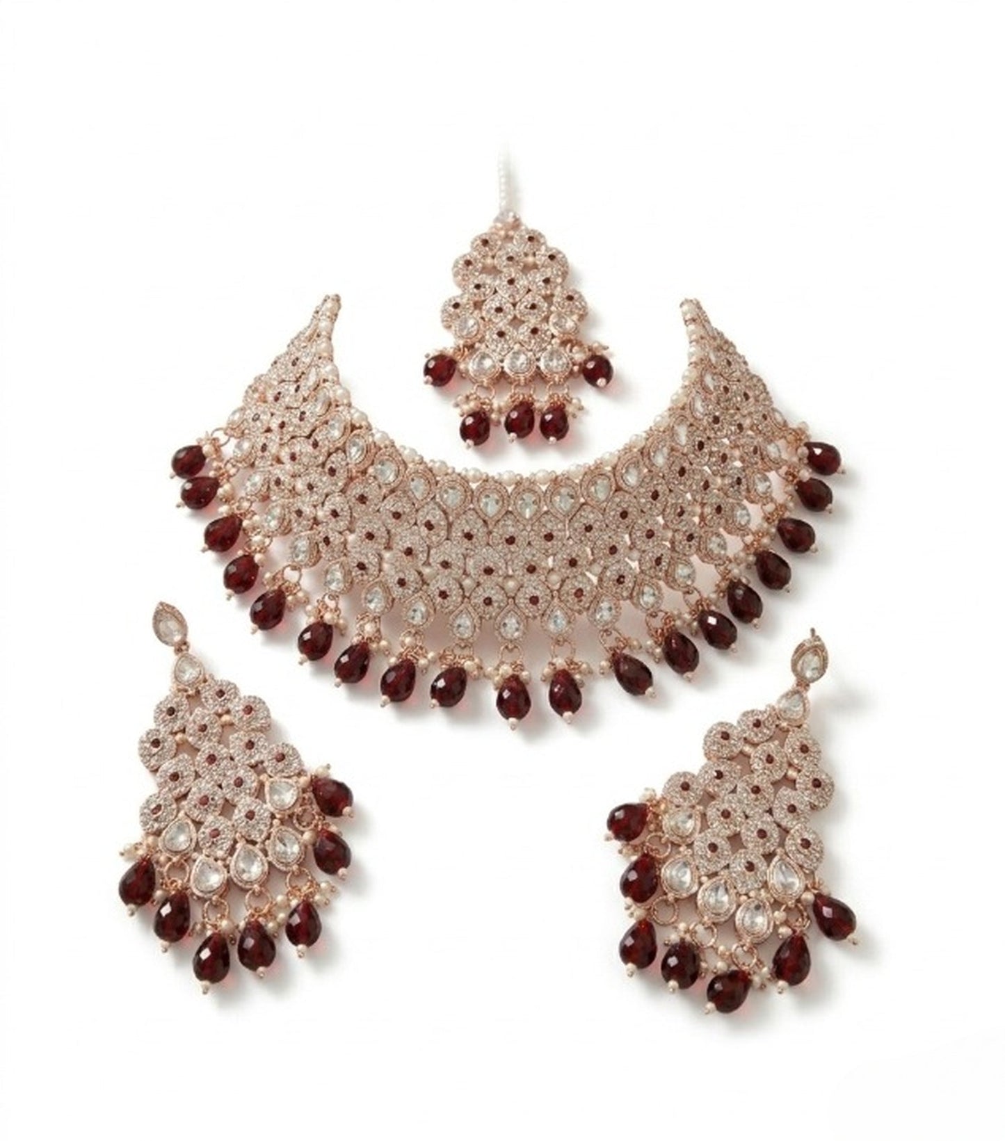 Jewel City Kundan Bridal Choker Jewelry Set with Beads | Indian Wedding Necklace, Drop Earrings & Maang Tikka