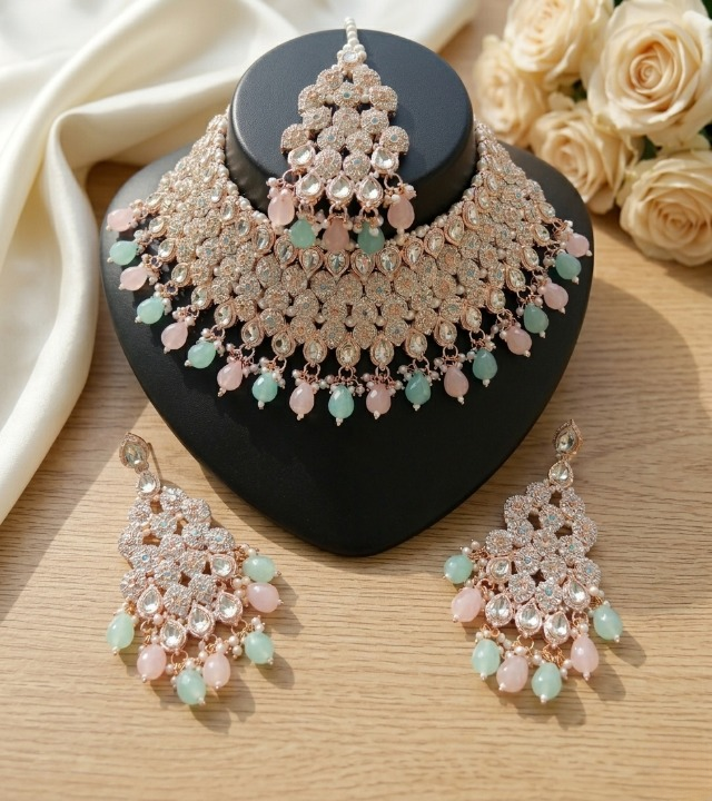 Jewel City Kundan Bridal Choker Jewelry Set with Beads | Indian Wedding Necklace, Drop Earrings & Maang Tikka