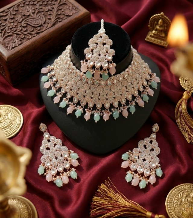 Jewel City Kundan Bridal Choker Jewelry Set with Beads | Indian Wedding Necklace, Drop Earrings & Maang Tikka