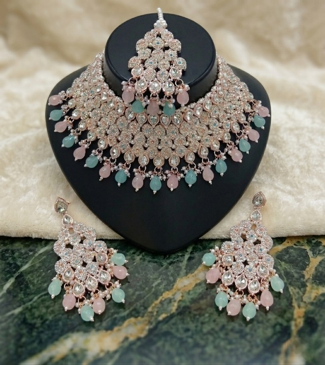 Jewel City Kundan Bridal Choker Jewelry Set with Beads | Indian Wedding Necklace, Drop Earrings & Maang Tikka
