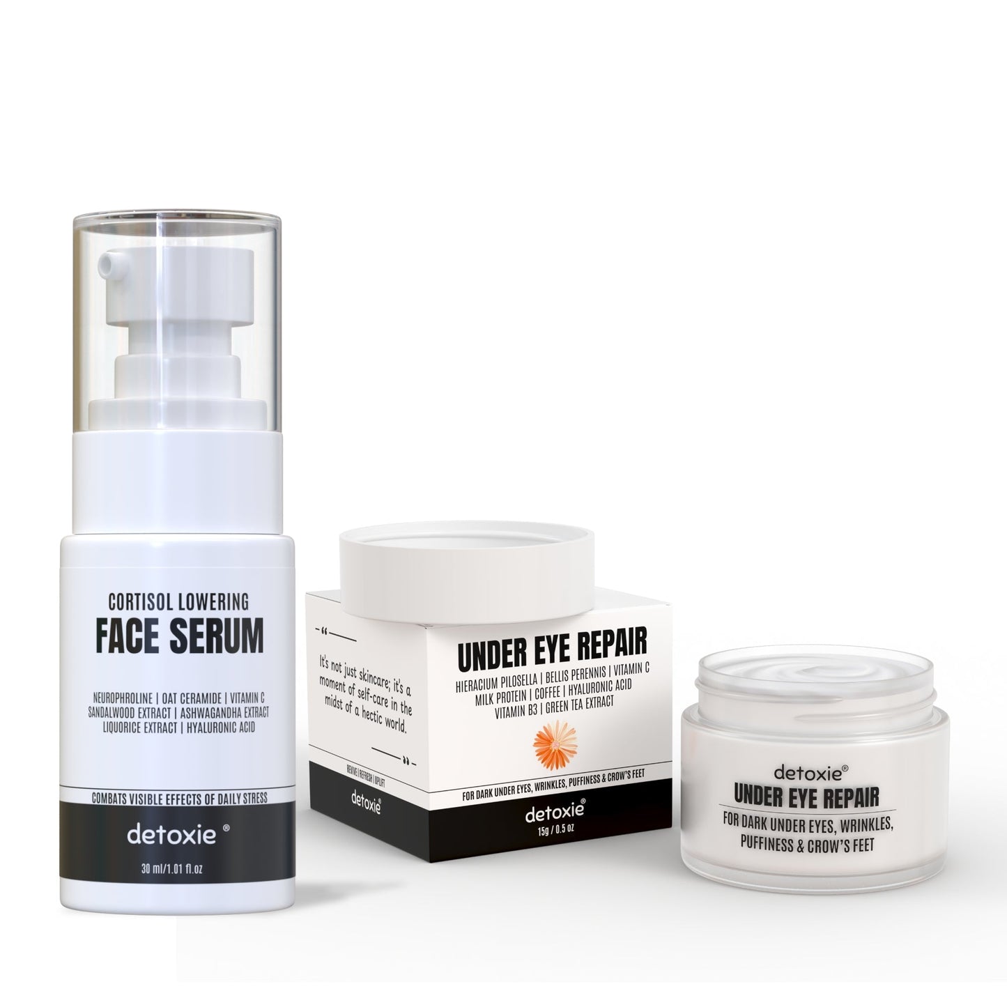 Detoxie Dark Circle & Cortisol Lowering Combo| Cortisol Lowering Serum 30 ml + Under Eye Cream 15gm