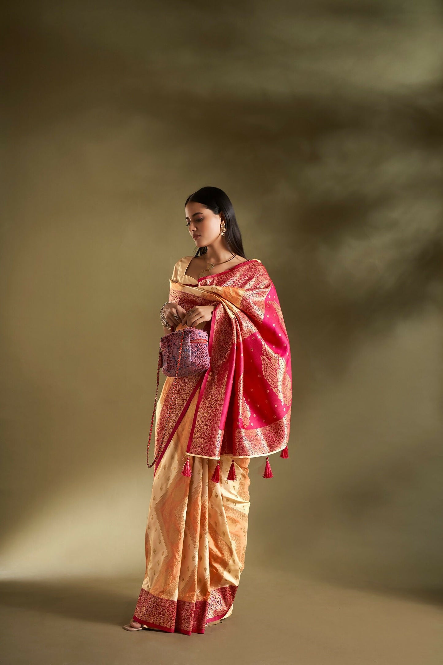 Joban Fashion Cream & Orange Plain With Weaving Border Banarasi Silk Sarees