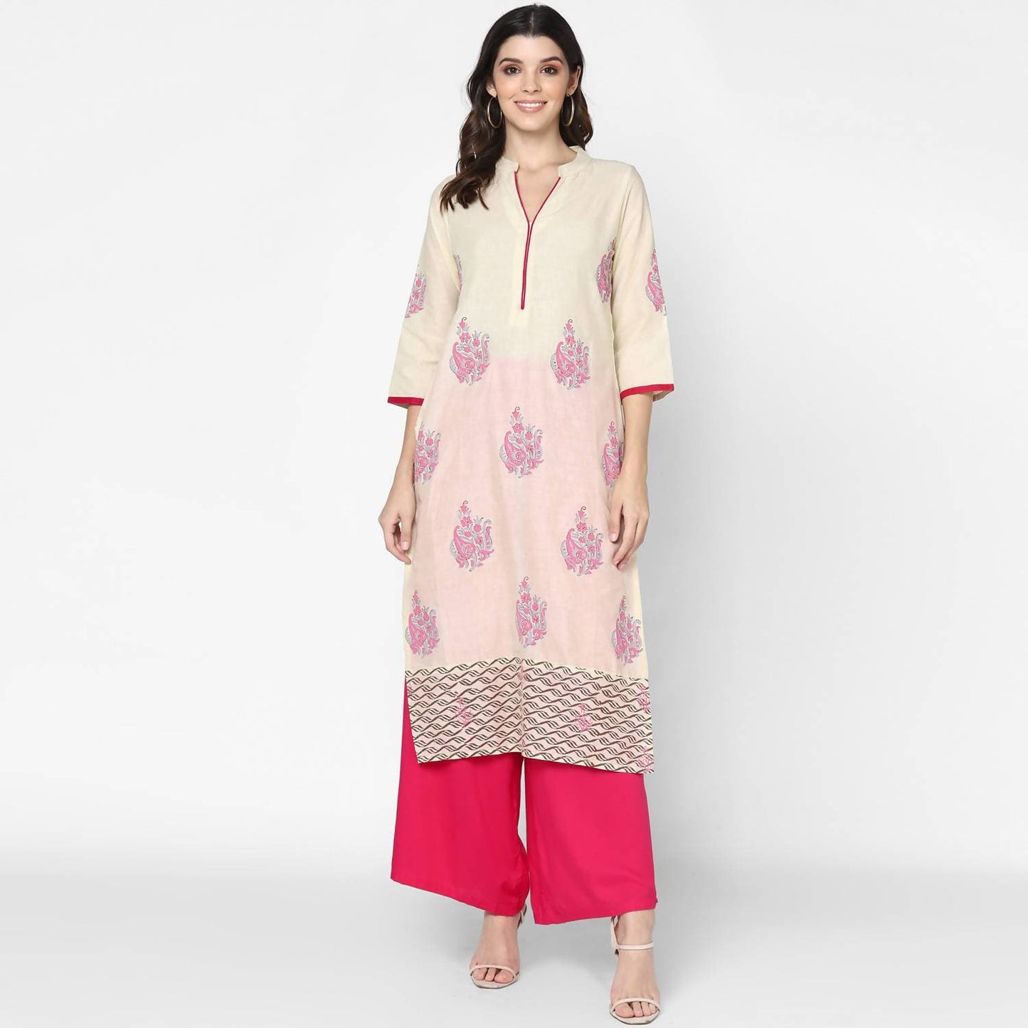 Cheera Hand Block Print Cream & Magenta Straight Kurta With Palazzo (MAAI-087K)