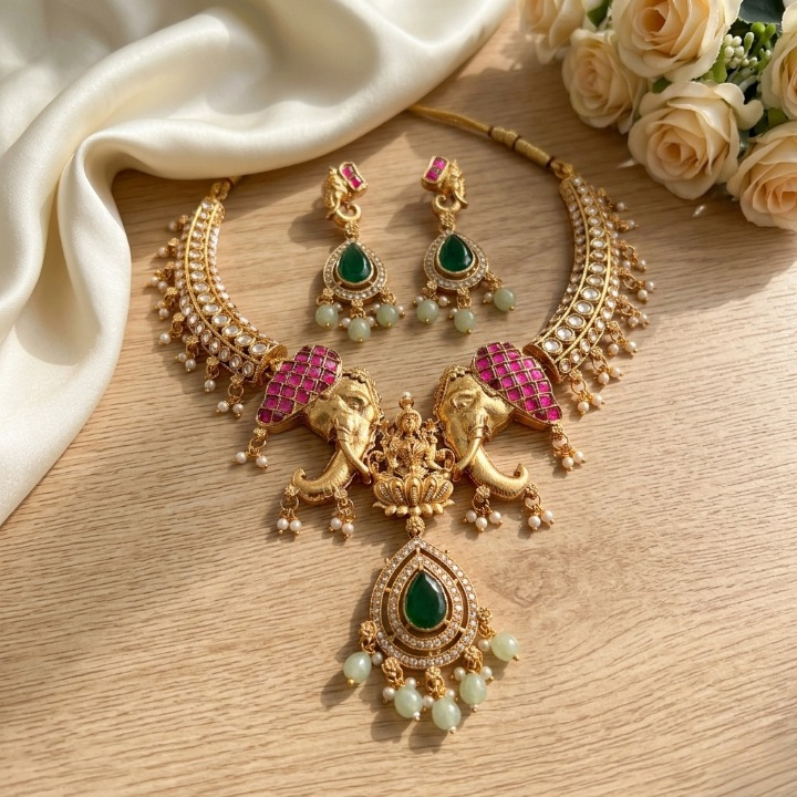 Jewel City Antique Gold Temple Jewelry Set with Kundan Elephant Motif Necklace & Earrings – Indian Bridal Wedding Choker