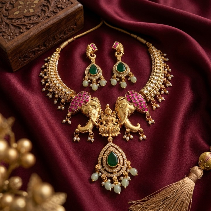 Jewel City Antique Gold Temple Jewelry Set with Kundan Elephant Motif Necklace & Earrings – Indian Bridal Wedding Choker