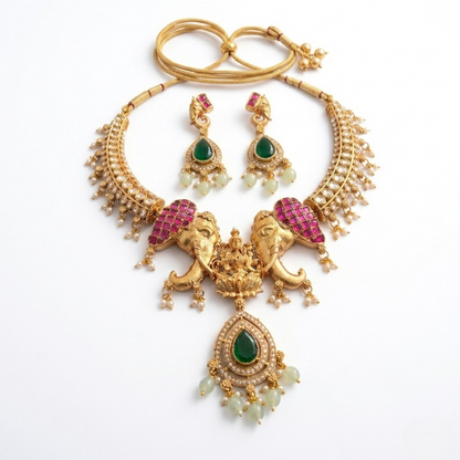 Jewel City Antique Gold Temple Jewelry Set with Kundan Elephant Motif Necklace & Earrings – Indian Bridal Wedding Choker